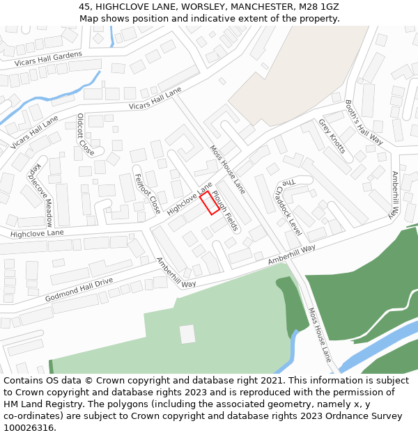 45, HIGHCLOVE LANE, WORSLEY, MANCHESTER, M28 1GZ: Location map and indicative extent of plot