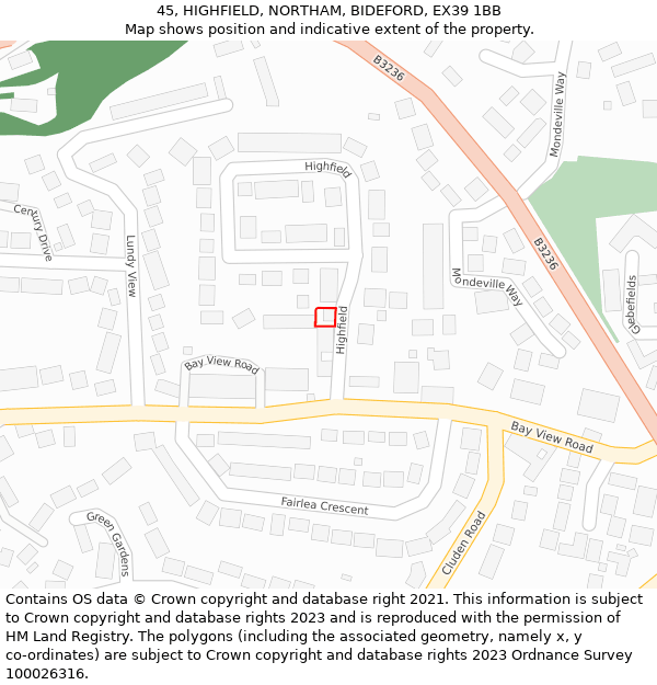 45, HIGHFIELD, NORTHAM, BIDEFORD, EX39 1BB: Location map and indicative extent of plot