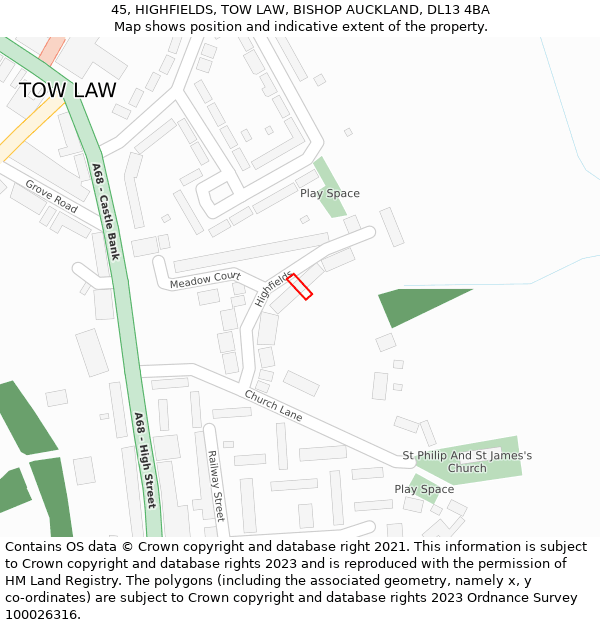 45, HIGHFIELDS, TOW LAW, BISHOP AUCKLAND, DL13 4BA: Location map and indicative extent of plot