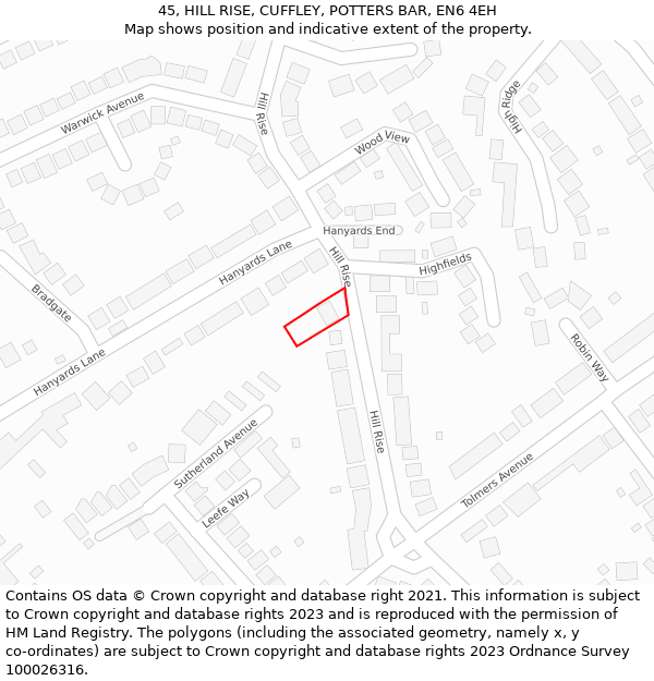 45, HILL RISE, CUFFLEY, POTTERS BAR, EN6 4EH: Location map and indicative extent of plot