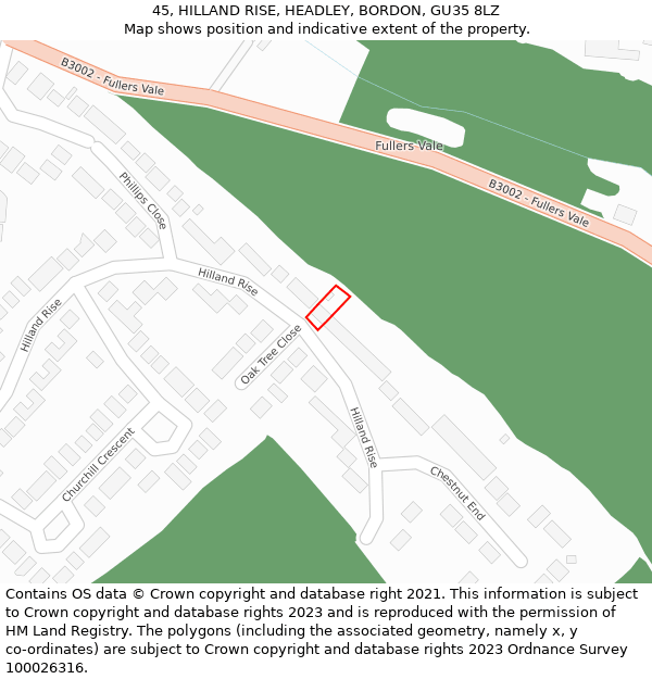 45, HILLAND RISE, HEADLEY, BORDON, GU35 8LZ: Location map and indicative extent of plot