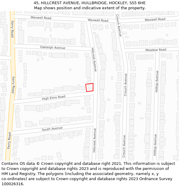 45, HILLCREST AVENUE, HULLBRIDGE, HOCKLEY, SS5 6HE: Location map and indicative extent of plot