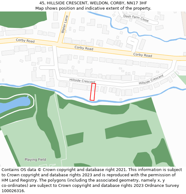 45, HILLSIDE CRESCENT, WELDON, CORBY, NN17 3HF: Location map and indicative extent of plot