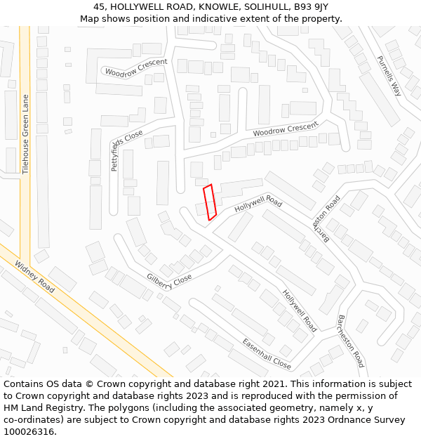 45, HOLLYWELL ROAD, KNOWLE, SOLIHULL, B93 9JY: Location map and indicative extent of plot