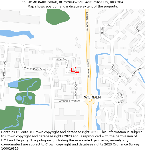 45, HOME PARK DRIVE, BUCKSHAW VILLAGE, CHORLEY, PR7 7EA: Location map and indicative extent of plot