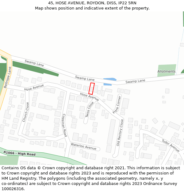 45, HOSE AVENUE, ROYDON, DISS, IP22 5RN: Location map and indicative extent of plot