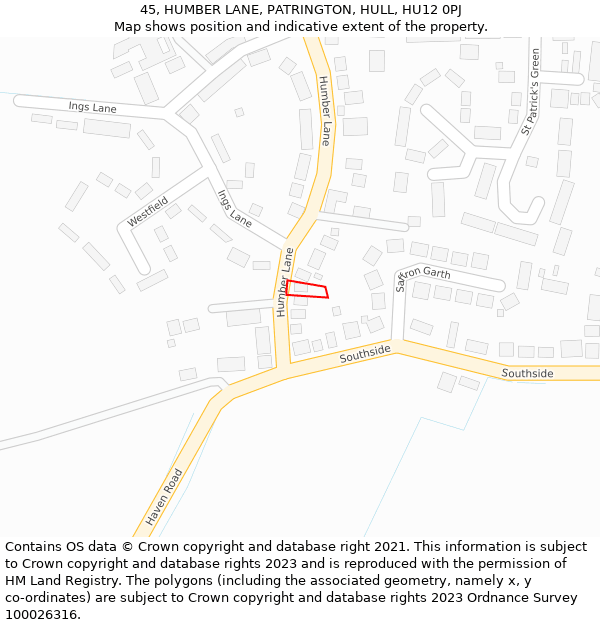 45, HUMBER LANE, PATRINGTON, HULL, HU12 0PJ: Location map and indicative extent of plot