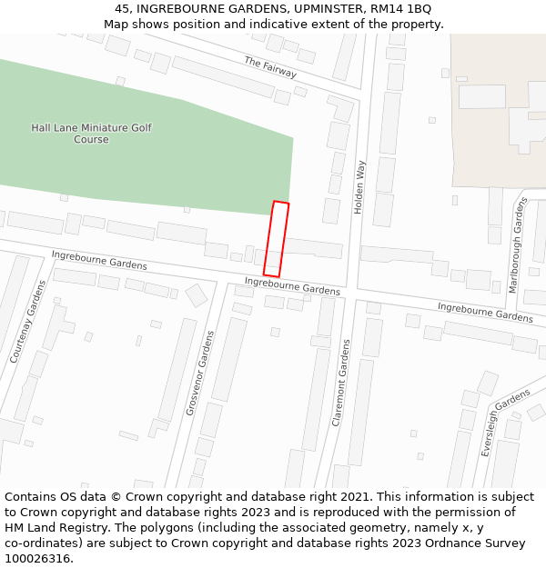 45, INGREBOURNE GARDENS, UPMINSTER, RM14 1BQ: Location map and indicative extent of plot