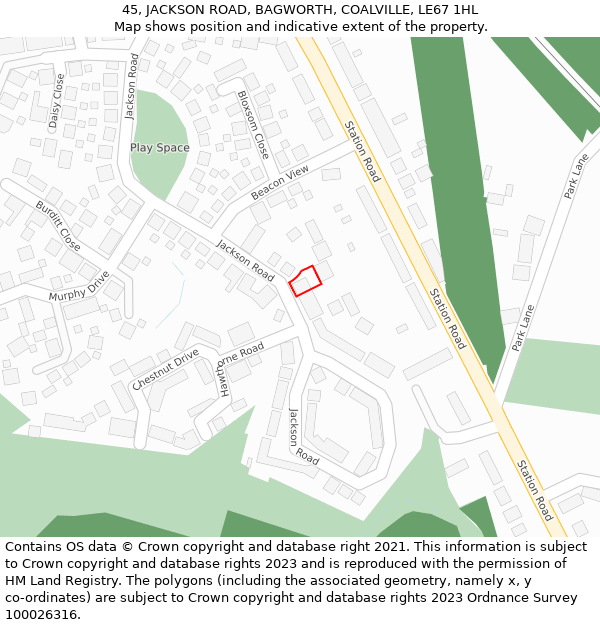 45, JACKSON ROAD, BAGWORTH, COALVILLE, LE67 1HL: Location map and indicative extent of plot