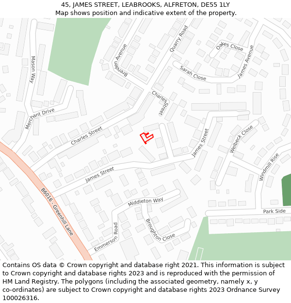 45, JAMES STREET, LEABROOKS, ALFRETON, DE55 1LY: Location map and indicative extent of plot