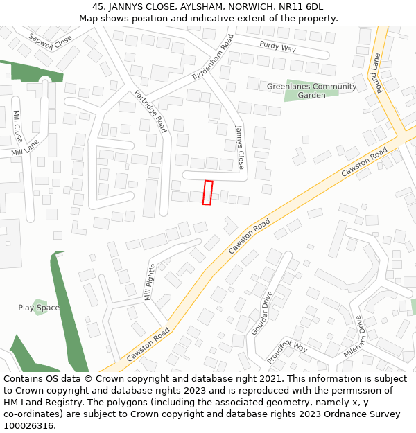 45, JANNYS CLOSE, AYLSHAM, NORWICH, NR11 6DL: Location map and indicative extent of plot