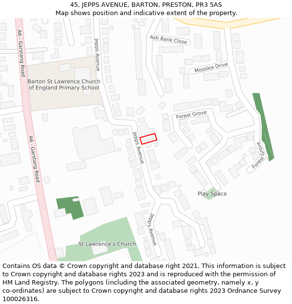 45, JEPPS AVENUE, BARTON, PRESTON, PR3 5AS: Location map and indicative extent of plot