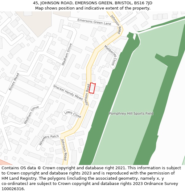 45, JOHNSON ROAD, EMERSONS GREEN, BRISTOL, BS16 7JD: Location map and indicative extent of plot