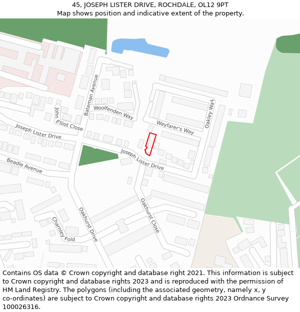 45, JOSEPH LISTER DRIVE, ROCHDALE, OL12 9PT: Location map and indicative extent of plot