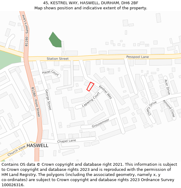 45, KESTREL WAY, HASWELL, DURHAM, DH6 2BF: Location map and indicative extent of plot