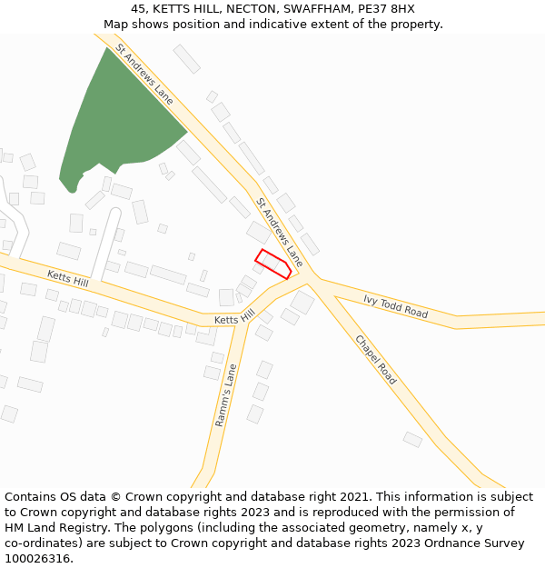 45, KETTS HILL, NECTON, SWAFFHAM, PE37 8HX: Location map and indicative extent of plot