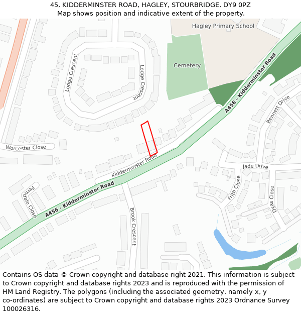 45, KIDDERMINSTER ROAD, HAGLEY, STOURBRIDGE, DY9 0PZ: Location map and indicative extent of plot