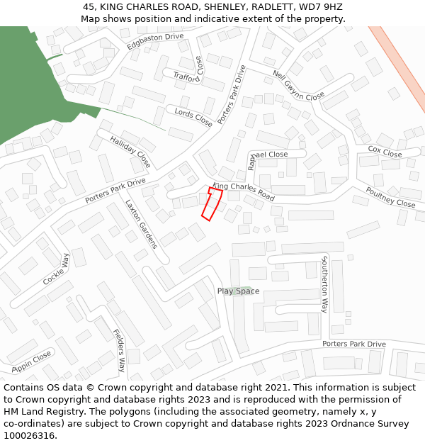 45, KING CHARLES ROAD, SHENLEY, RADLETT, WD7 9HZ: Location map and indicative extent of plot