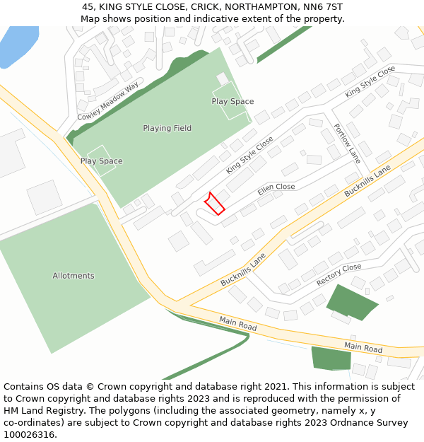 45, KING STYLE CLOSE, CRICK, NORTHAMPTON, NN6 7ST: Location map and indicative extent of plot