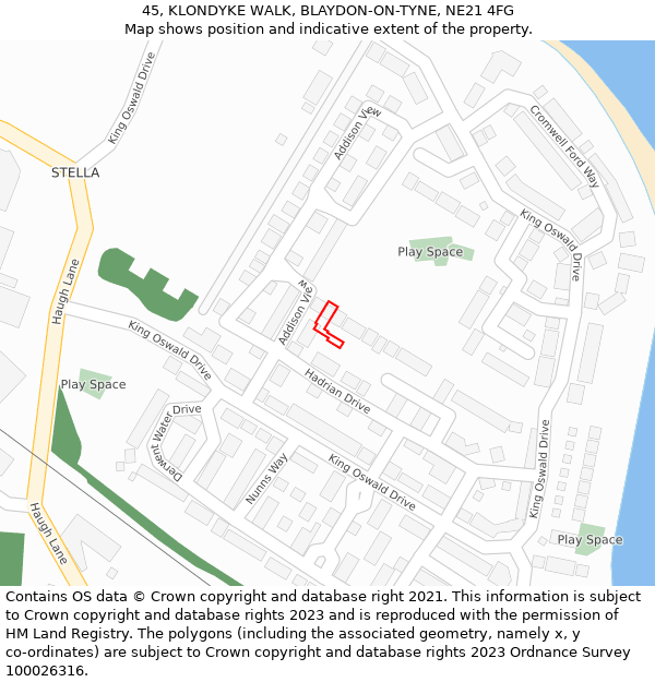 45, KLONDYKE WALK, BLAYDON-ON-TYNE, NE21 4FG: Location map and indicative extent of plot