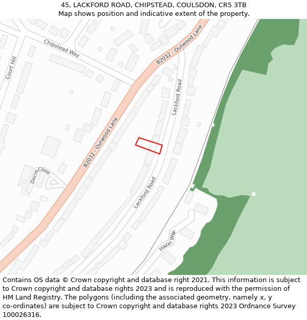 45, LACKFORD ROAD, CHIPSTEAD, COULSDON, CR5 3TB: Location map and indicative extent of plot