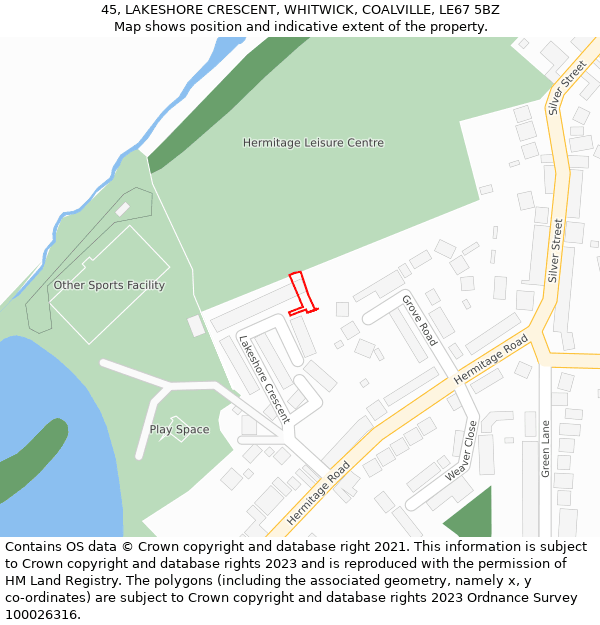 45, LAKESHORE CRESCENT, WHITWICK, COALVILLE, LE67 5BZ: Location map and indicative extent of plot