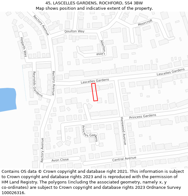 45, LASCELLES GARDENS, ROCHFORD, SS4 3BW: Location map and indicative extent of plot