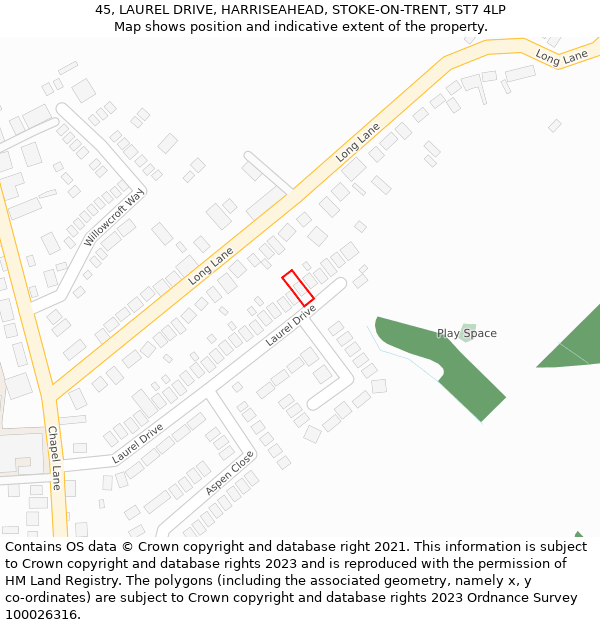 45, LAUREL DRIVE, HARRISEAHEAD, STOKE-ON-TRENT, ST7 4LP: Location map and indicative extent of plot