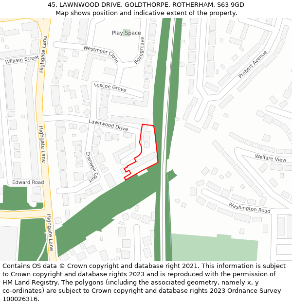 45, LAWNWOOD DRIVE, GOLDTHORPE, ROTHERHAM, S63 9GD: Location map and indicative extent of plot