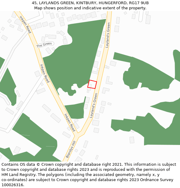 45, LAYLANDS GREEN, KINTBURY, HUNGERFORD, RG17 9UB: Location map and indicative extent of plot