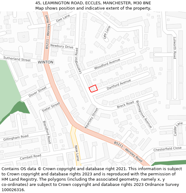 45, LEAMINGTON ROAD, ECCLES, MANCHESTER, M30 8NE: Location map and indicative extent of plot