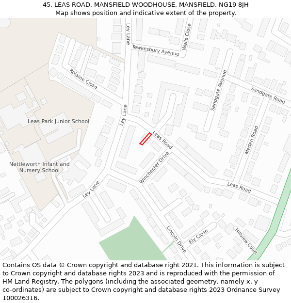 45, LEAS ROAD, MANSFIELD WOODHOUSE, MANSFIELD, NG19 8JH: Location map and indicative extent of plot