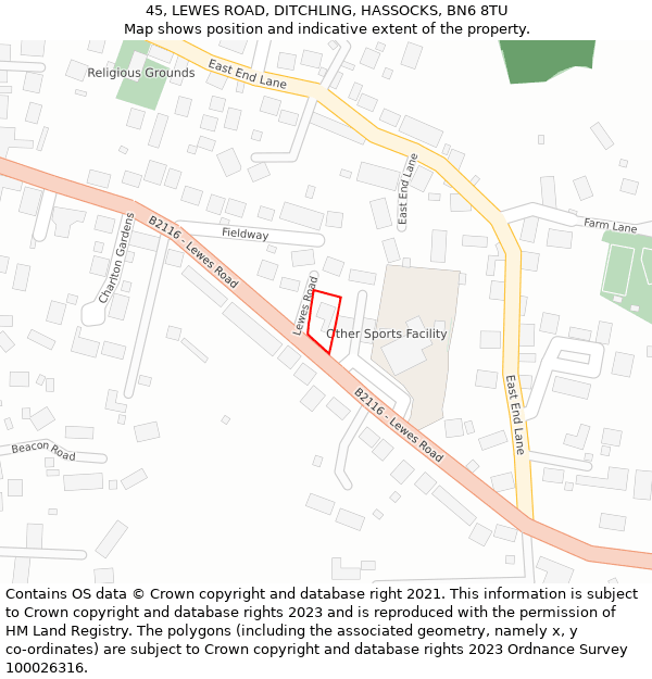45, LEWES ROAD, DITCHLING, HASSOCKS, BN6 8TU: Location map and indicative extent of plot