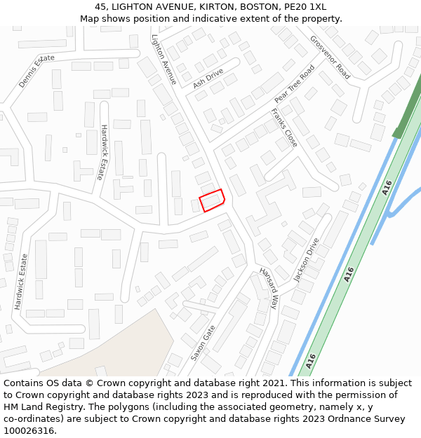 45, LIGHTON AVENUE, KIRTON, BOSTON, PE20 1XL: Location map and indicative extent of plot