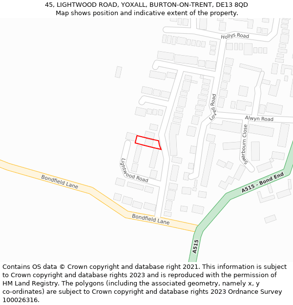 45, LIGHTWOOD ROAD, YOXALL, BURTON-ON-TRENT, DE13 8QD: Location map and indicative extent of plot