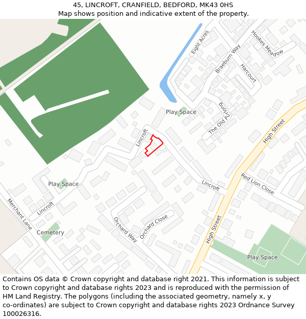 45, LINCROFT, CRANFIELD, BEDFORD, MK43 0HS: Location map and indicative extent of plot