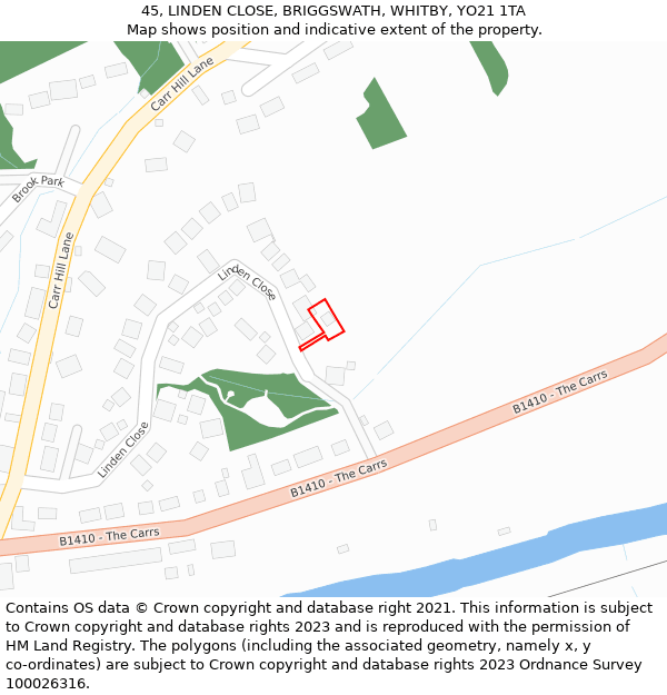 45, LINDEN CLOSE, BRIGGSWATH, WHITBY, YO21 1TA: Location map and indicative extent of plot