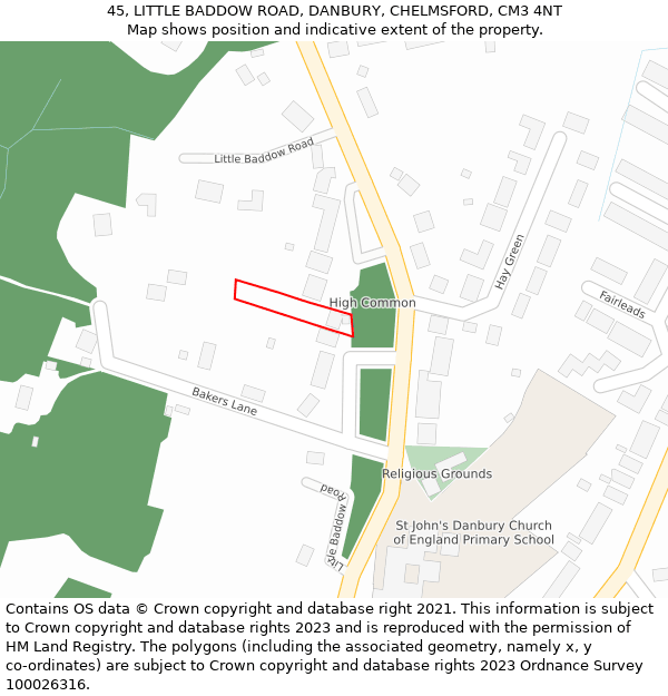 45, LITTLE BADDOW ROAD, DANBURY, CHELMSFORD, CM3 4NT: Location map and indicative extent of plot