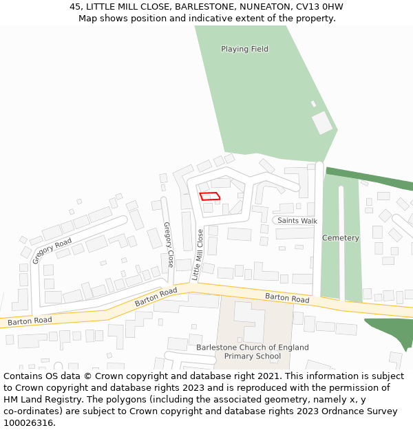 45, LITTLE MILL CLOSE, BARLESTONE, NUNEATON, CV13 0HW: Location map and indicative extent of plot