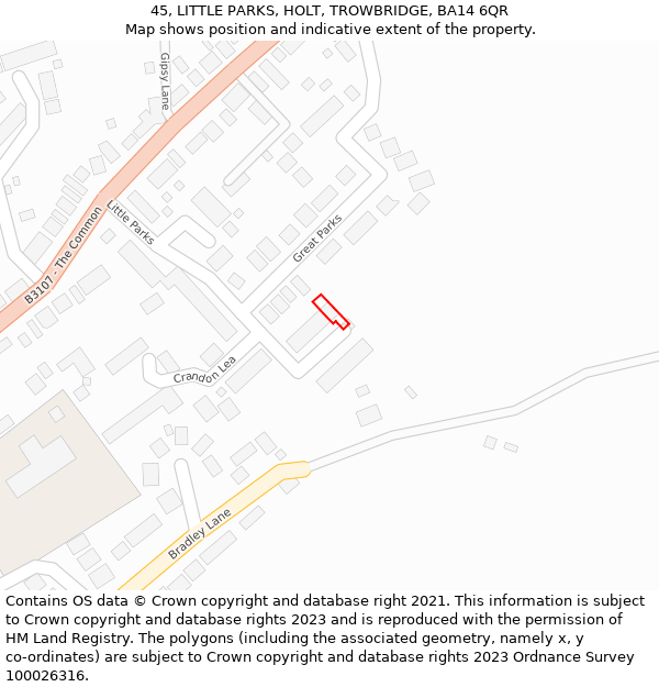 45, LITTLE PARKS, HOLT, TROWBRIDGE, BA14 6QR: Location map and indicative extent of plot