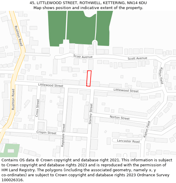 45, LITTLEWOOD STREET, ROTHWELL, KETTERING, NN14 6DU: Location map and indicative extent of plot