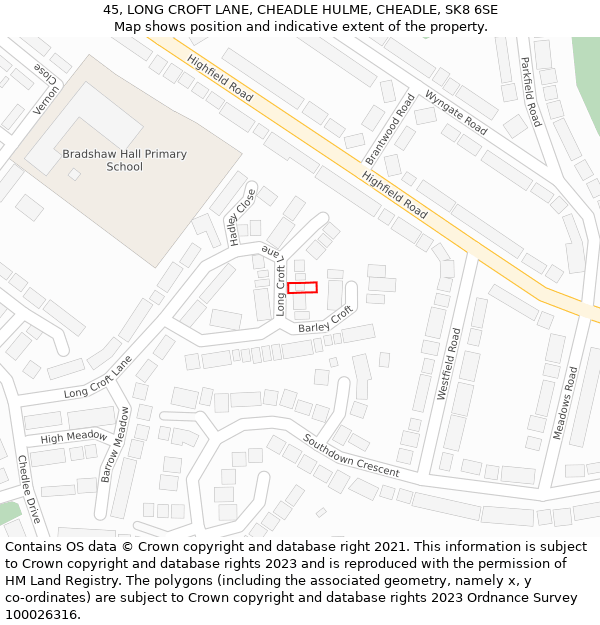 45, LONG CROFT LANE, CHEADLE HULME, CHEADLE, SK8 6SE: Location map and indicative extent of plot