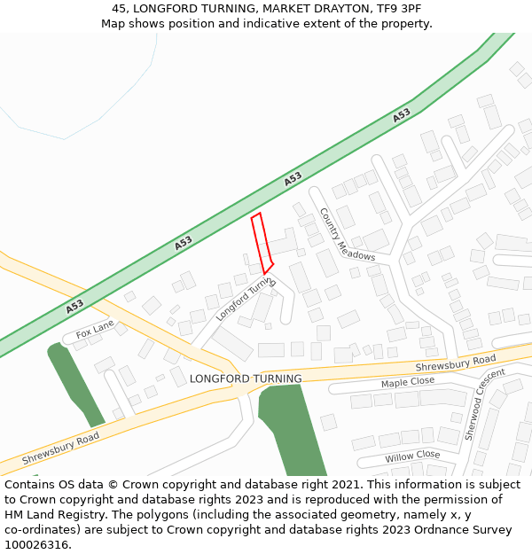 45, LONGFORD TURNING, MARKET DRAYTON, TF9 3PF: Location map and indicative extent of plot