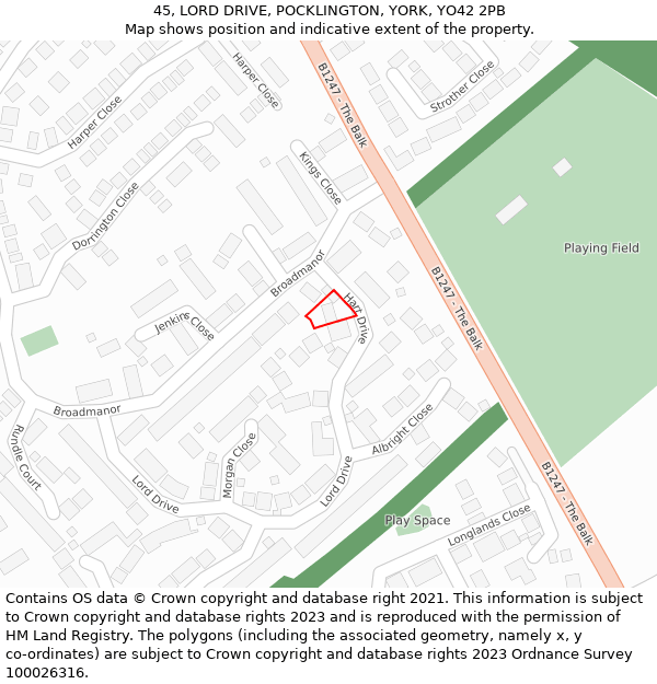 45, LORD DRIVE, POCKLINGTON, YORK, YO42 2PB: Location map and indicative extent of plot