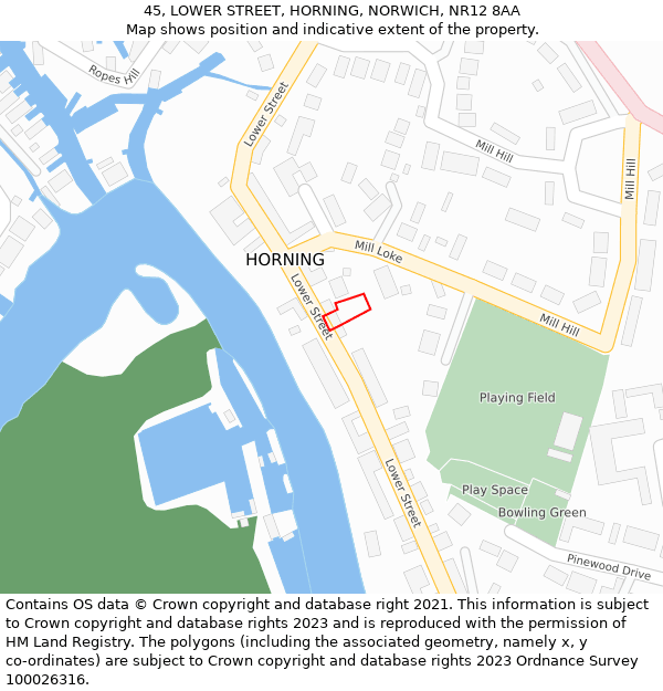 45, LOWER STREET, HORNING, NORWICH, NR12 8AA: Location map and indicative extent of plot