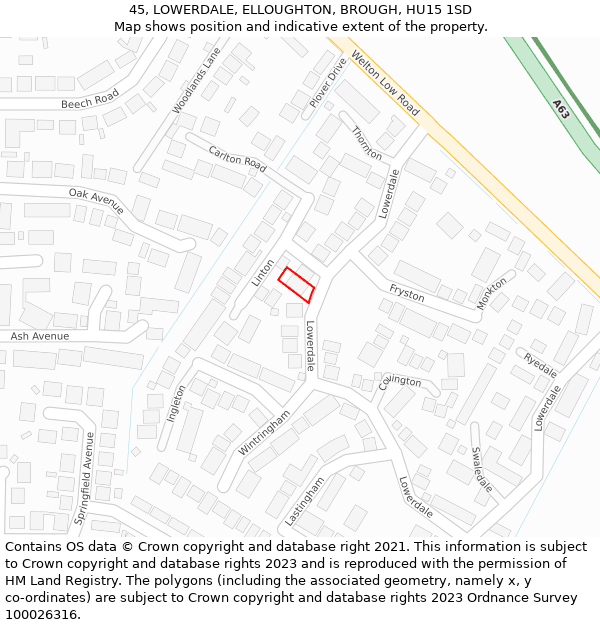 45, LOWERDALE, ELLOUGHTON, BROUGH, HU15 1SD: Location map and indicative extent of plot