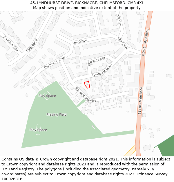 45, LYNDHURST DRIVE, BICKNACRE, CHELMSFORD, CM3 4XL: Location map and indicative extent of plot