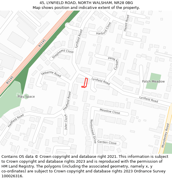 45, LYNFIELD ROAD, NORTH WALSHAM, NR28 0BG: Location map and indicative extent of plot