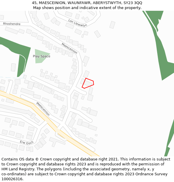 45, MAESCEINION, WAUNFAWR, ABERYSTWYTH, SY23 3QQ: Location map and indicative extent of plot