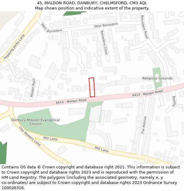 45, MALDON ROAD, DANBURY, CHELMSFORD, CM3 4QL: Location map and indicative extent of plot